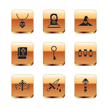 Kolye Tılsımı, Hıristiyan haçı, Kanlı Kılıç, Eski Anahtar, Kutsal İncil kitabı, Cadı şapkası, Sihirli değnek ve mezar taşı ikonu. Vektör