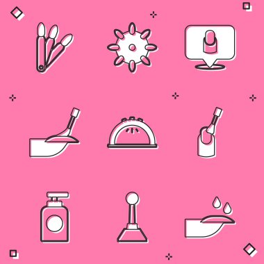 Sahte tırnaklar, manikür, lamba, manikür, el kremi tüpü ve ikon için değirmen makası. Vektör