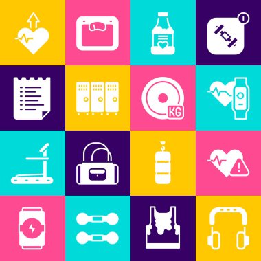 Kulaklıkları, kalp atışlarını, kalp atışlarını, vitaminleri, soyunma odasını, spor eğitim programını, kalp atışlarını ve ağırlık simgesini ayarlayın. Vektör