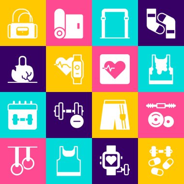 Dambıl, dambıl, terli kolsuz tişört, yatay bar, akıllı saat kalbi, kırık ağırlık, torba ve kalp atış hızı ikonu ile spor doping ayarlayın. Vektör