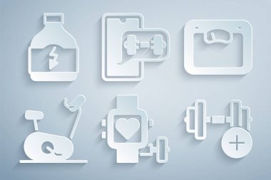 Kalp, banyo terazisi, sabit bisiklet, Dumbbell, Fitness uygulaması ve spor beslenme ikonu olan akıllı saat ayarla. Vektör