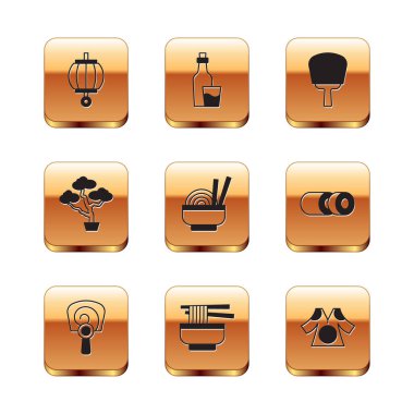 Kore feneri, el feneri, Ramen, kasede Asya eriştesi, Bonsai ağacı, Kimono ve Soju şişe ikonu. Vektör