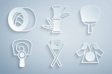 Suşi çubuğu, Kore el fanı, Kimono, Bambu ve ikon hazırla. Vektör