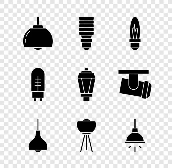 Set Kronleuchter, LED-Glühbirne, Licht, Lampe hängen, Stehlampe, emittierende Diode und Garten-Symbol. Vektor — Stockvektor