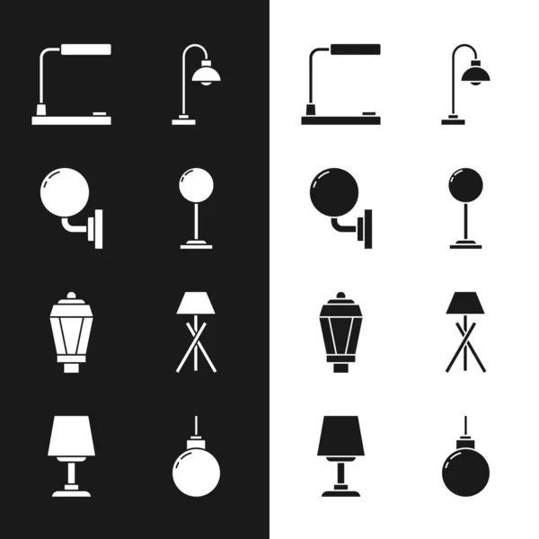 Set Stehlampe, Wandleuchte, Tisch, Gartenleuchte, Lampe hängen und Symbol. Vektor — Stockvektor