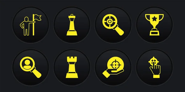 Set Magnifying glass for search, Award cup, Chess, Target, with magnifying, and Man holding flag icon. Vector — 图库矢量图片