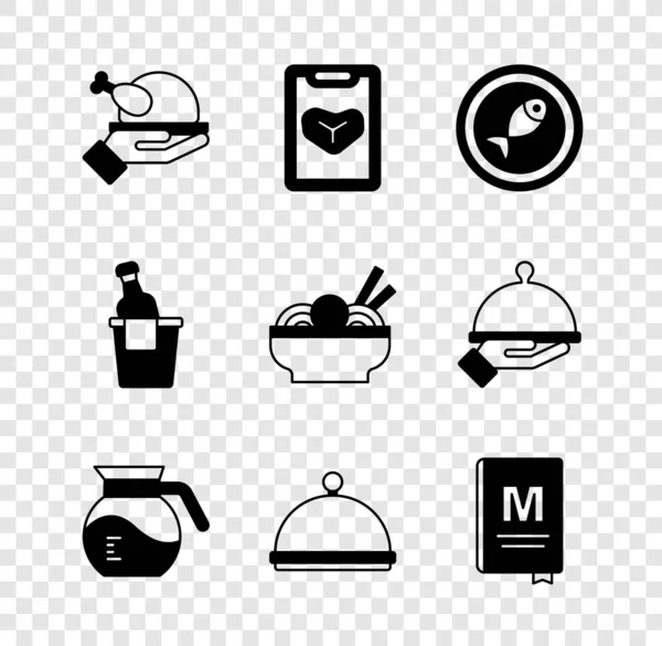 Set Roasted turkey or chicken, Restaurant cafe menu, Served fish on plate, Coffee pot, Covered with tray, Champagne in ice bucket and Asian noodles bowl icon. Vector — 图库矢量图片