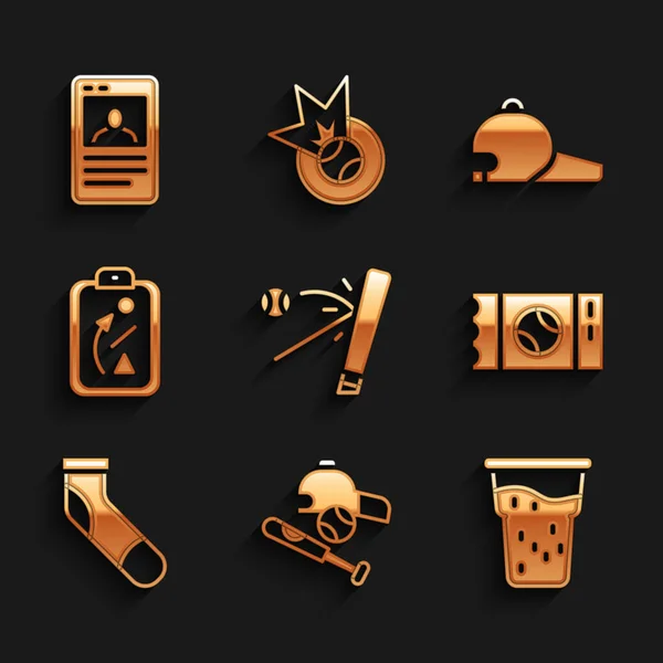 Set Baseball bat with ball, ball, hat, Glass of beer, ticket, sock, Planning strategy, cap and card icon. Vector — 图库矢量图片