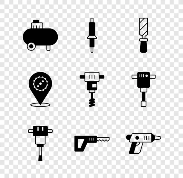 Set Luchtcompressor, Soldeerbout, Rasp metalen vijl, Bouw drilboor, Reciprocating zaag, Elektrische accuschroevendraaier, Cirkelzaag en Elektrische hand betonmixer icoon. Vector — Stockvector