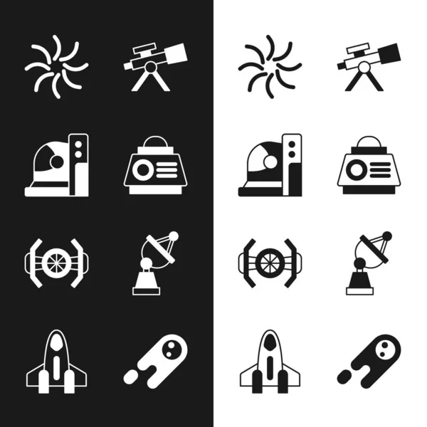 Set Space capsule, astronaut helm, zwart gat, telescoop, kosmisch schip, satelliet schotel, komeet vallen snel naar beneden en Rocket pictogram. Vector — Stockvector