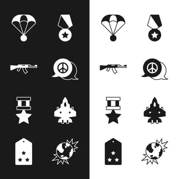 Set Peace, Submachine gun, Parachute, Military reward medal, Jet fighter, Bomb explosive planet earth and rank icon. Vector — Stock Vector