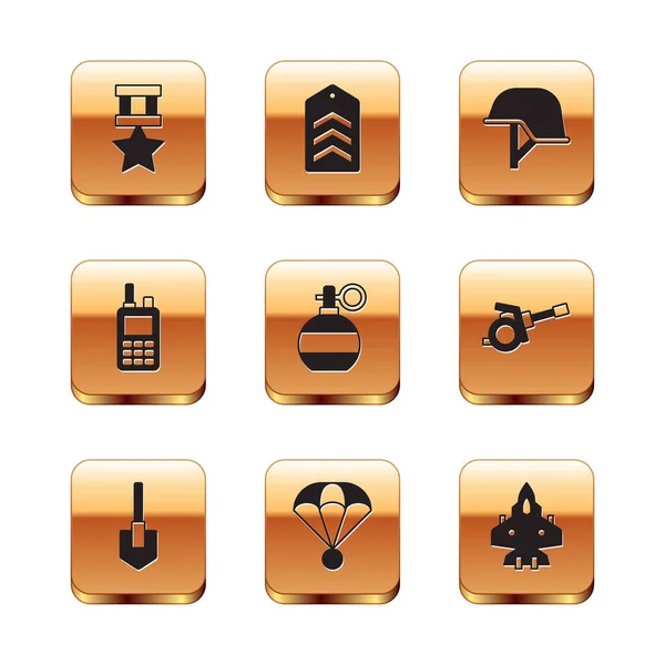 Set Military reward medal, Shovel, Parachute, Hand grenade, Walkie talkie, helmet, Jet fighter and Chevron icon. Vector — стоковый вектор