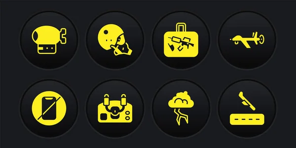 Set No cell phone, UAV Drone, Aircraft steering helm, Storm, Suitcase, Modern pilot helmet, Plane landing and Airship icon. Vector — стоковый вектор