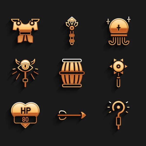 Set Gun powder barrel, Arrow, Magic wand, Medieval chained mace ball, Video game, staff, and Body armor icon. Vector — стоковий вектор