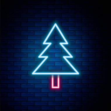 Parlayan neon hattı Noel ağacı simgesi tuğla duvar arkasında izole edilmiş. Mutlu Noeller ve mutlu yıllar. Renkli taslak konsepti. Vektör
