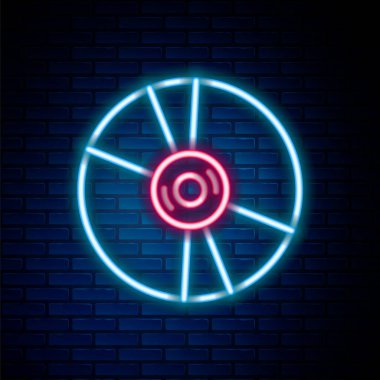Parlayan neon hat CD veya DVD disk simgesi tuğla duvar arka planında izole edildi. Küçük disk işareti. Renkli taslak konsepti. Vektör