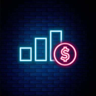 Parlayan neon hattı pasta grafiği bilgi ve dolar sembolü tuğla duvar arka planında izole edilmiş. Diyagram çizelgesi. Renkli taslak konsepti. Vektör