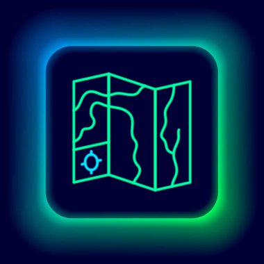 Siyah zemin üzerinde izole edilmiş uçak simgesiyle parıldayan neon hattı Dünya seyahati haritası. Renkli taslak konsepti. Vektör