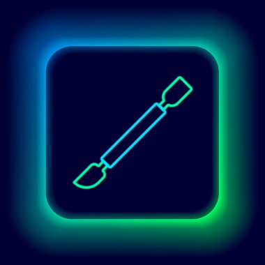 Parlayan neon çizgisi, siyah arka planda izole edilmiş, tırnak cisimciği simgesi. Manikür için bir araç. Renkli taslak konsepti. Vektör