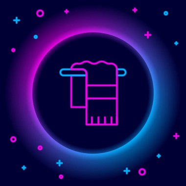 Askı simgesinde parlayan neon çizgisi havlusu siyah arkaplanda izole edildi. Banyo havlusu ikonu. Renkli taslak konsepti. Vektör