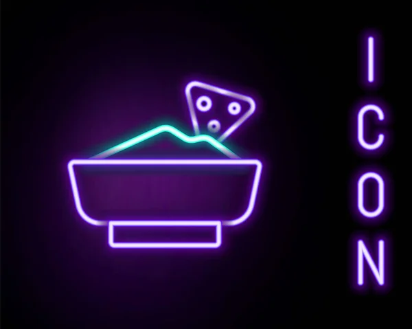 Glowing neon line Nachos in bowl icon isolated on black background. Tortilla chips or nachos tortillas. Traditional mexican fast food menu. Colorful outline concept. Vector — Stock Vector