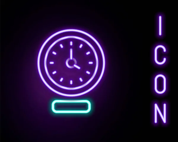Świecąca neonowa linia Ikona zegara odizolowana na czarnym tle. Symbol czasu. Kolorowy koncept. Wektor — Wektor stockowy