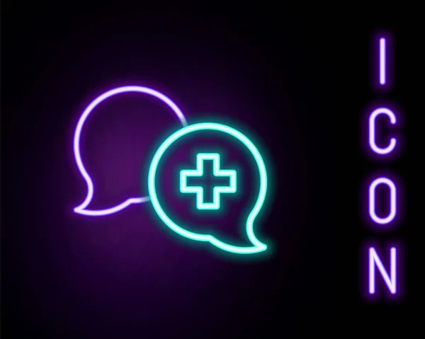 Glödande neon line Dialog med läkaren ikonen isolerad på svart bakgrund. Läkare och patientdialog. Konsultera om sjukvårdstjänster. Färgstarkt skisskoncept. Vektor — Stock vektor