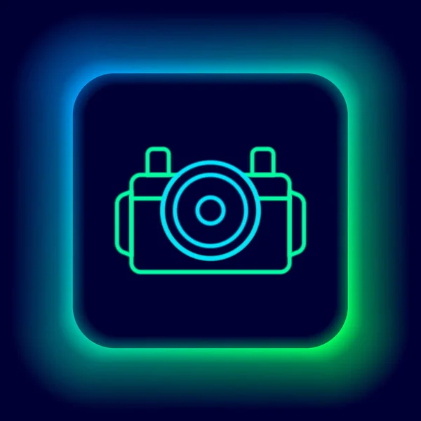 Glowing neon line Photo camera for diver icon isolated on black background. Foto camera icon. Diving underwater equipment. Colorful outline concept. Vector — Stock Vector