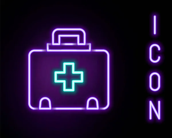 Linea neon luminosa Icona del kit di pronto soccorso isolata su sfondo nero. Scatola medica con croce. Attrezzature mediche per l'emergenza. Concetto sanitario. Concetto di contorno colorato. Vettore — Vettoriale Stock