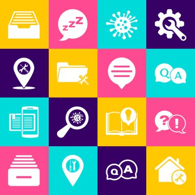 Ev hizmetini, Sorgulamayı ve Ünlem, Yanıt, Bakteri, Dizin, Konum, Belgeli Çekmeceyi ve Konuşma baloncuğu sohbet simgesini ayarla. Vektör
