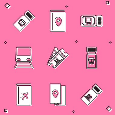 Otobüs bileti, kitap kapağı rehberi, tren ve ikon ayarla. Vektör