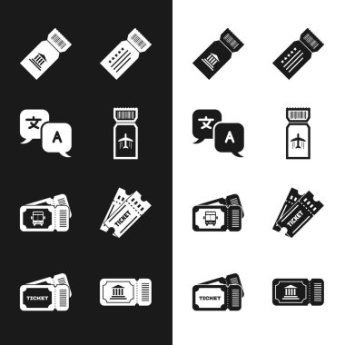 Uçak bileti, çevirmen, müze, bilet, otobüs ve simge ayarlayın. Vektör
