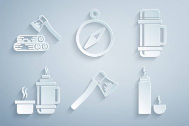 Tahta baltayı, termos kabını, pusulayı ve ahşap ikonu hazırlayın. Vektör