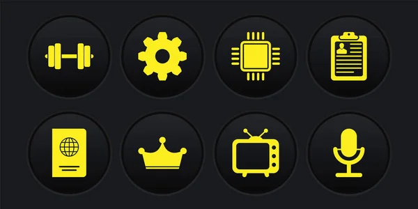 Set Paspoort, Klembord met CV, Kroon, Televisie TV, Processor CPU en Cogwheel gear instellingen pictogram. Vector — Stockvector