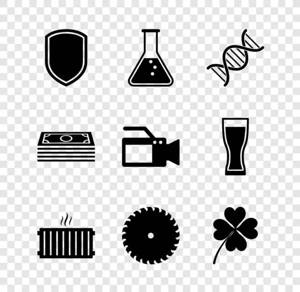 Sätt sköld, provrör och kolv, DNA-symbol, värmeelement, cirkelsågblad och fyrklöverikon. Vektor — Stock vektor