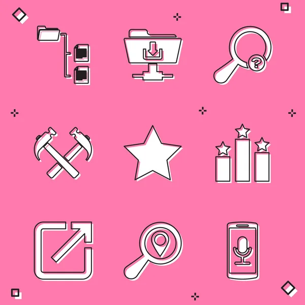 Set Folder tree, FTP folder download, Unknown search, Two crossing hammers, Star and Ranking star icon. Vector — 스톡 벡터
