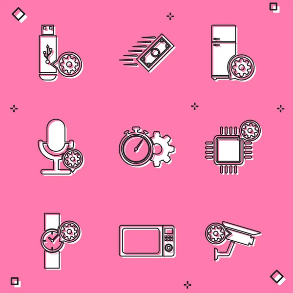 Set USB flash drive setting, Fast payments, Refrigerator, Microphone, Time management and Processor icon. Vector — Stock Vector
