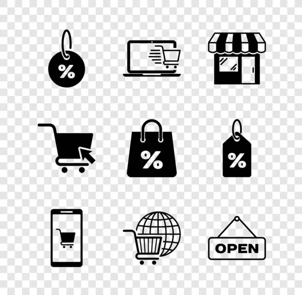 Встановіть мітку зі знижкою, кошик для покупок на ноутбуці, магазин ринку, мобільний і покупки, з глобусом, вивісний знак Відкриті двері, курсор і значок сумки. Векторні — стоковий вектор