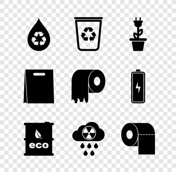 Set Recycler aqua propre, bac avec recyclage, prise électrique, baril de biocarburant, pluie acide et nuage radioactif, rouleau de papier toilette, sac à provisions et icône. Vecteur — Image vectorielle