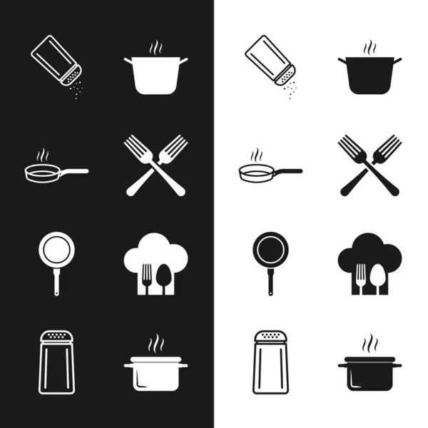 Σετ σταυρωτό πιρούνι, τηγάνι τηγανίσματος, Αλάτι και πιπέρι, κατσαρόλα μαγειρικής, Chef καπέλο με κουτάλι, και εικονίδιο. Διάνυσμα — Διανυσματικό Αρχείο