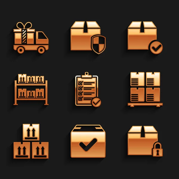 Set Verification of delivery list, Package box with check mark, Locked package, Cardboard boxes pallet, traffic, Warehouse, and Delivery truck gift icon. Vector — Stock Vector