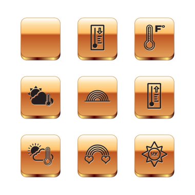 Gökkuşağını güneş, termometre ve bulut ile ayarla, kalp, meteoroloji termometresi, ultraviyole koruma ve ikon. Vektör