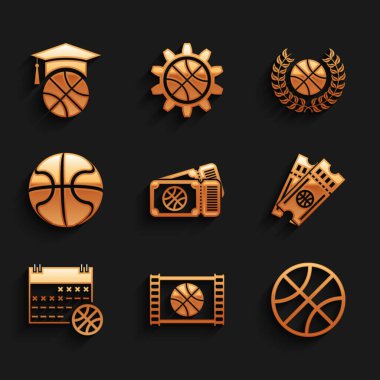 Basketbol maçı bileti, video, spor takvimi, basketbol ve antrenman ikonu ödülü. Vektör