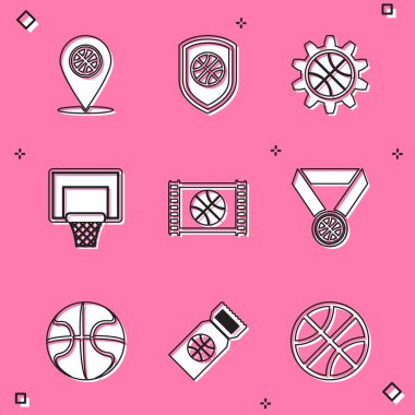 Basketbol topunun yerini belirle, Shield in the Planning strateji konsepti, basketbol sedyesi, oyun videosu, madalya ve bilet ikonu. Vektör