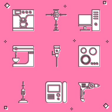 Kahve makinesini, fincanı, inşaat matkabını, bilgisayar monitörünü, elektrikli karıştırıcıyı ve gaz sobası ikonunu ayarla. Vektör