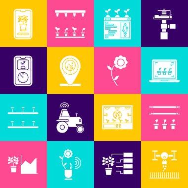 Smart çiftliğini drone, ampul ve bitki, tarım teknolojisi, konum ağacı, kontrol sistemi ve çiçek ikonu ile kurun. Vektör