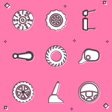 Araba fren diskini kalibre, tekerlek, kamyon yan aynası, kapı kolu, lastik ve el freni ikonu ile ayarla. Vektör