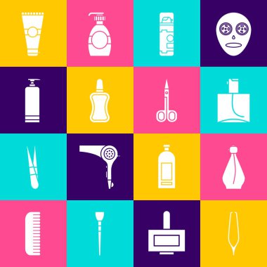 Kaş cımbızı, parfüm, tıraş jeli köpüğü, tırnak cilası şişesi, krem kozmetik tüpü, losyon ve makas ikonu. Vektör