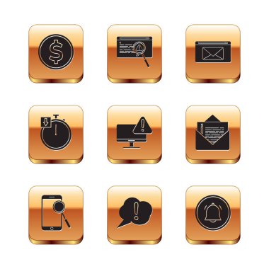 Dolar, cep telefonu teşhisi, konuşma balonu ünlem, monitör ünlem işareti, Stopwatch, e-posta, düğme sohbet bildirimi ve sistem hata konsepti simgesi ile madeni para ayarlayın. Vektör