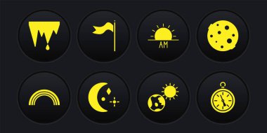 Gökkuşağı, Ay ve yıldızlar, Yerküre küresi güneşi, Gündoğumu, Meteoroloji rüzgar gülü, pusula ve buz saçağı ikonu. Vektör